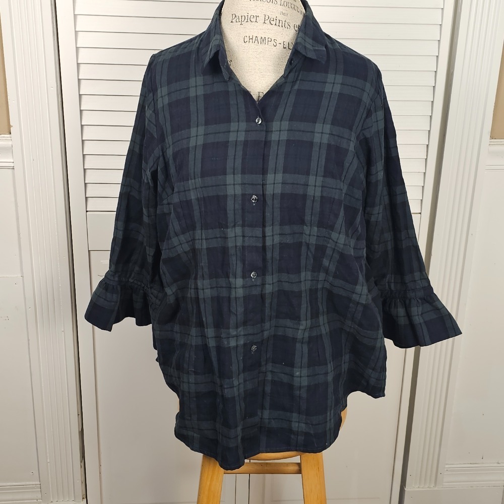 Gretchen Scott Womens Duke Of York Blue Green Plaid Priss Blouse XL